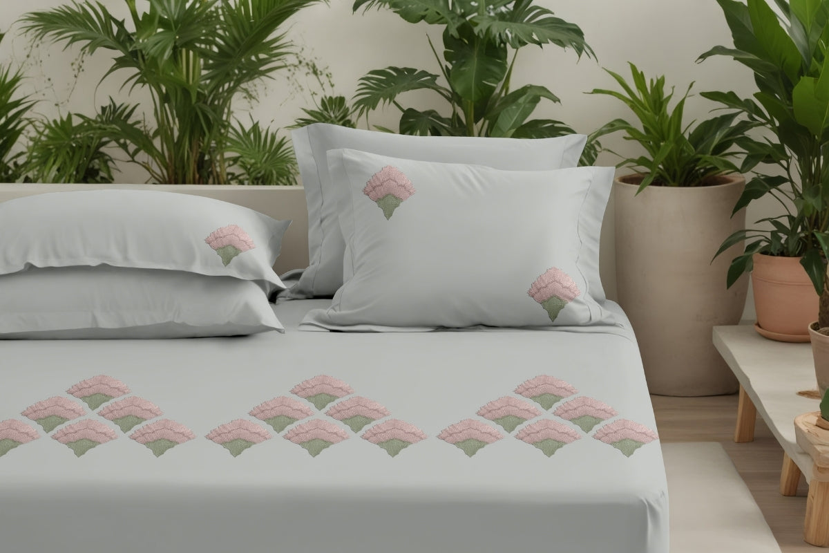 Sage Bloom - 300 TC Pure Cotton Embroidered Bedsheet