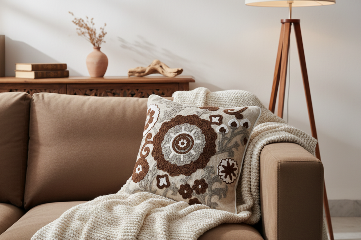 Sepia Syntax Hand Embroidered Cushion Cover ( Set of 2 )