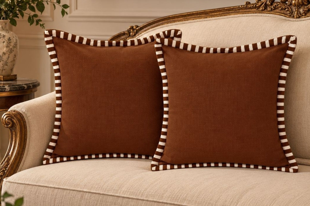 Smoked Chestnut Brown Embroidered Cotton Slub Cushion Cover