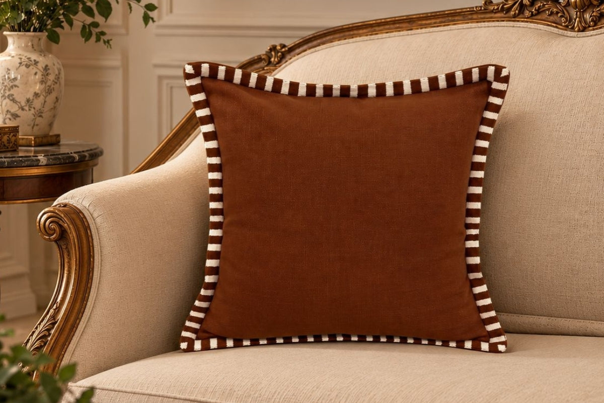 Smoked Chestnut Brown Embroidered Cotton Slub Cushion Cover