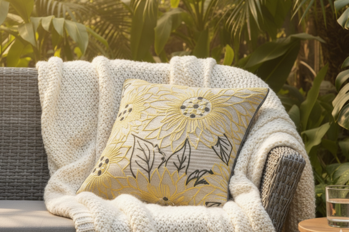 Sunlit Bloom Hand embroidered Cushion Cover ( Set of 2 )