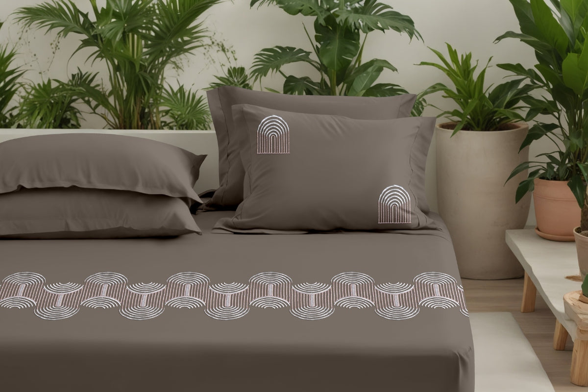 Taupe Mist - 300 TC Pure Cotton Embroidered Bedsheet