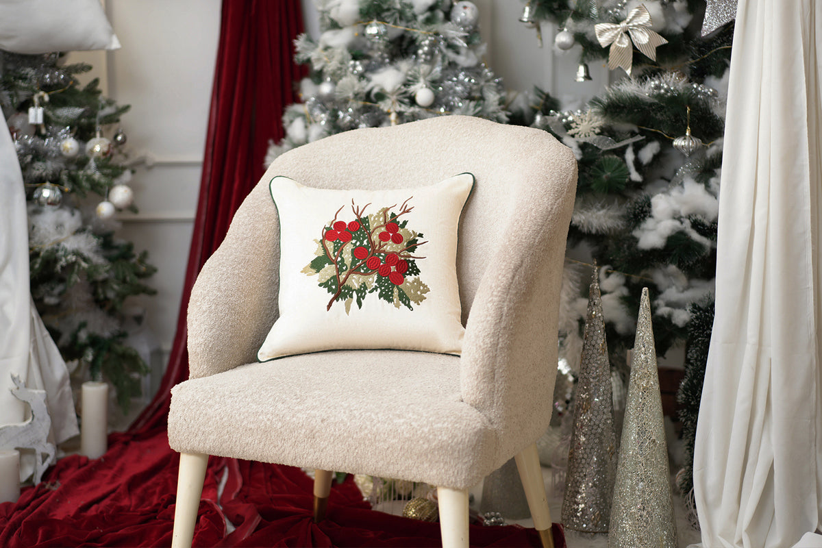 The Holly Sprig Embroidered Cushion Cover (Set Of 2)