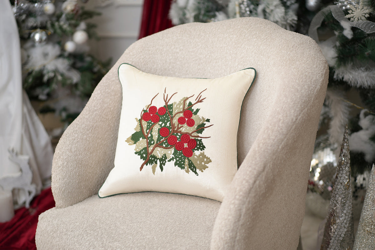 The Holly Sprig Embroidered Cushion Cover (Set Of 2)