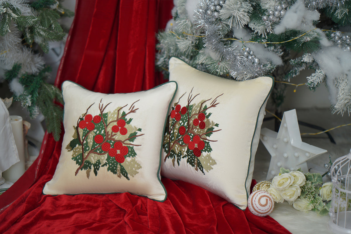 The Holly Sprig Embroidered Cushion Cover (Set Of 2)