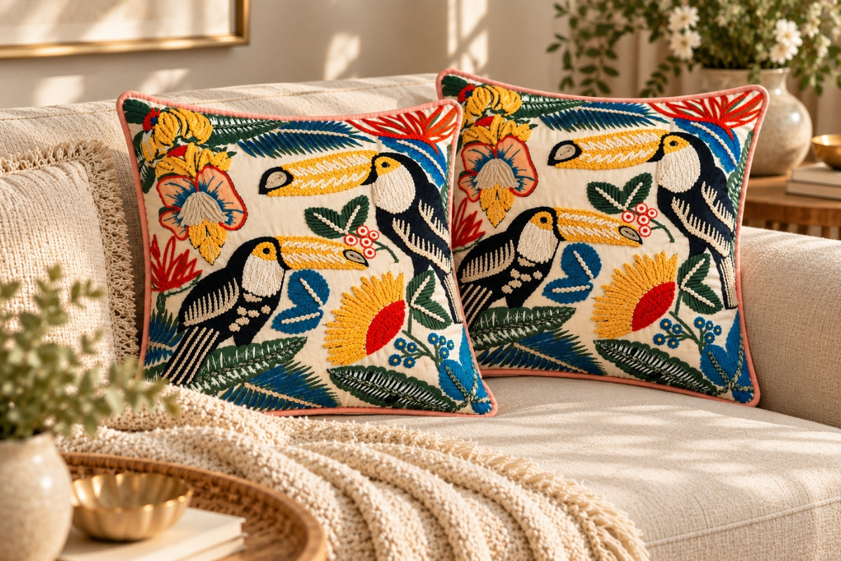 Toucan Paradise Handcrafted Cushion Cover ( Set of 2 )