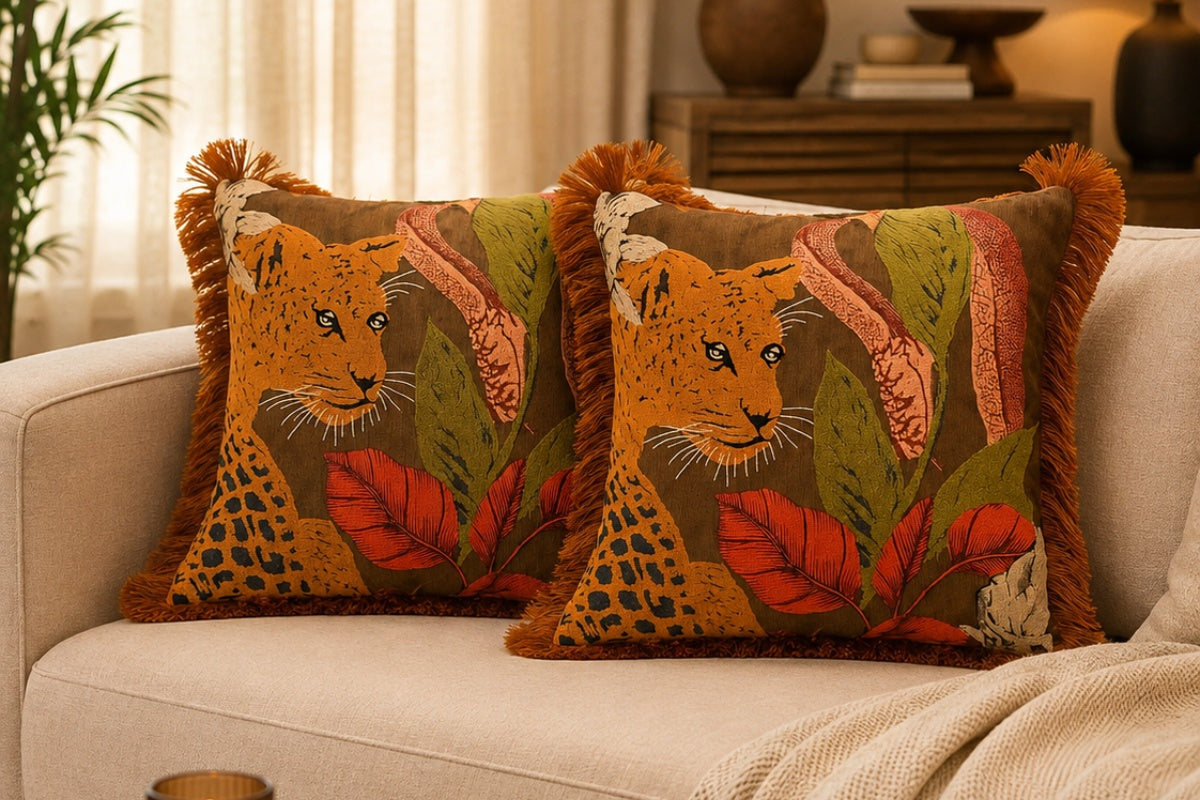 Tropical Panthera Hand embroidered Cushion Cover ( Set of 2 )