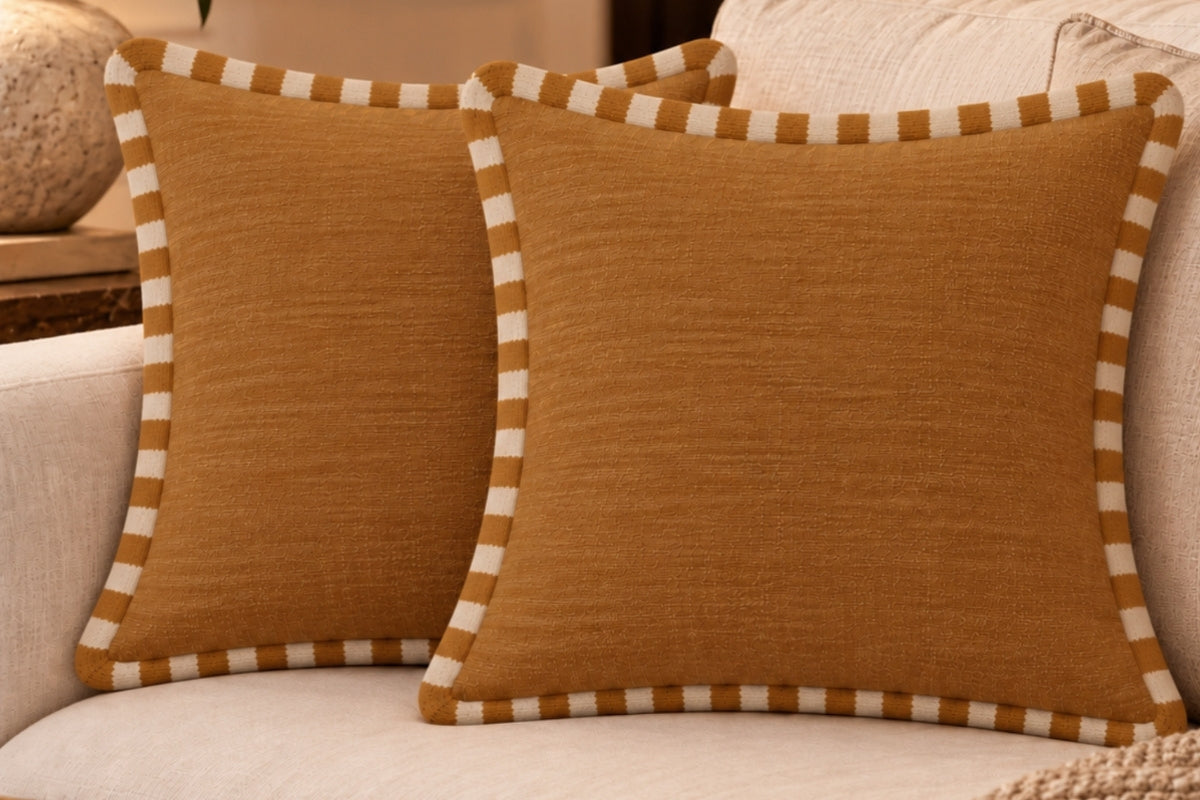 Vintage Mustard Embroidered Cotton Slub Cushion Cover