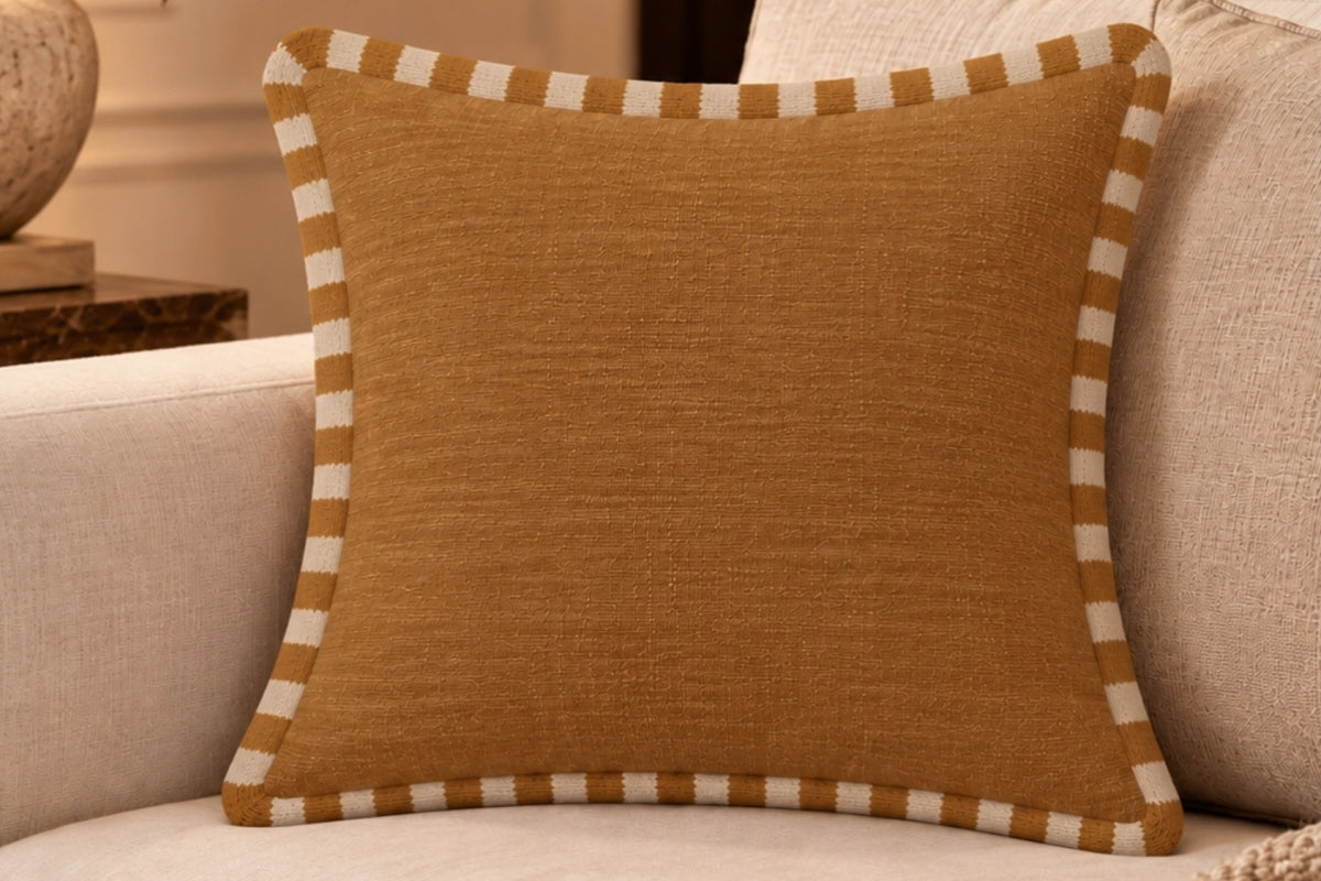 Vintage Mustard Embroidered Cotton Slub Cushion Cover