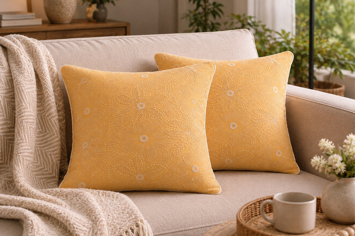 Hazelime Bloom Hand Embroidered Cushion Cover (Set of 2)